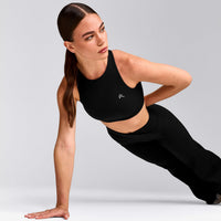 EasyLift™ High Neck Sports Bra with Grey Logo | Black
