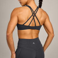 EasyLift™ High Neck Sports Bra with Grey Logo | Coal