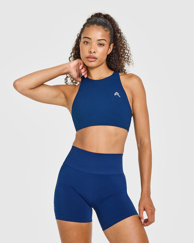 EasyLift™ High Neck Sports Bra with White Logo | Midnight