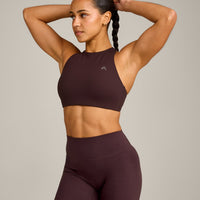 EasyLift™ High Neck Sports Bra with Grey Logo | Plum Brown