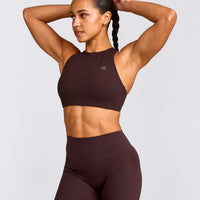 EasyLift™ High Neck Sports Bra with Grey Logo | Plum Brown