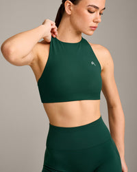 EasyLift™ High Neck Sports Bra with Grey Logo | Racing Green