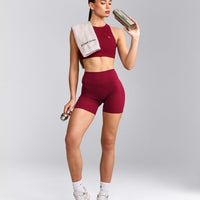 EasyLift™ High Neck Sports Bra with Grey Logo | Ruby Red