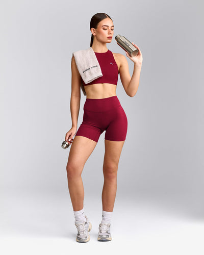 EasyLift™ High Neck Sports Bra with Grey Logo | Ruby Red