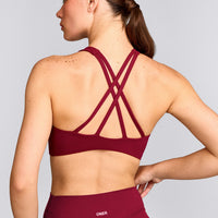 EasyLift™ High Neck Sports Bra with Grey Logo | Ruby Red