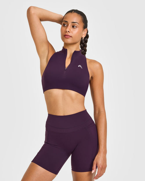 Oner Modal EasyLift™ Zip High Neck Sports Bra with White Logo | Blackberry Purple