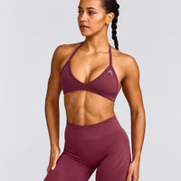 EnhanceLift™ Seamless Minimal Halter Neck Bralette with Grey Logo | Burnt Maroon
