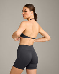 EnhanceLift™ Seamless Minimal Halter Neck Bralette with Grey Logo | Coal