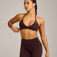 EnhanceLift™ Seamless Minimal Halter Neck Bralette with Grey Logo | Plum Brown