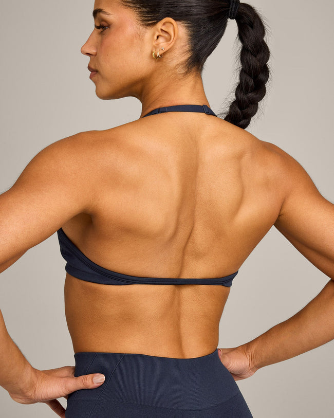 EnhanceLift™ Seamless Minimal Halter Neck Bralette with Grey Logo | True Blue