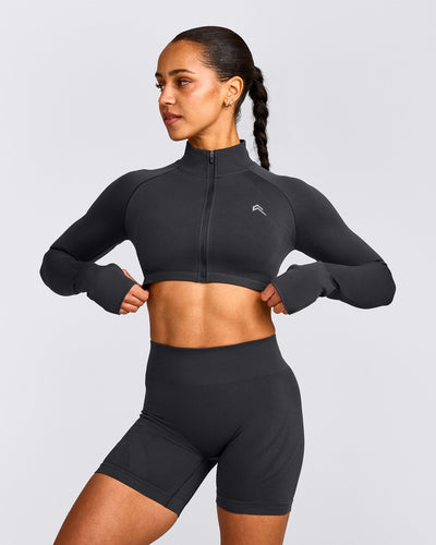 EnhanceLift™ Seamless Crop Jacket with Grey Logo | Coal