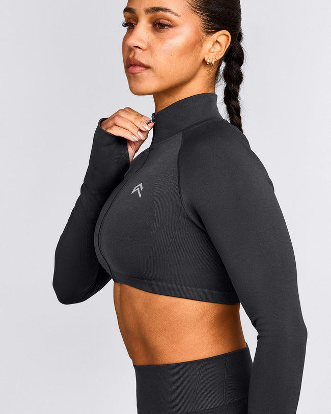 EnhanceLift™ Seamless Crop Jacket with Grey Logo | Coal