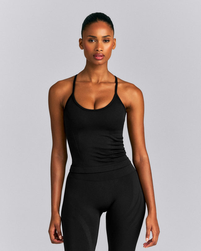 EnhanceLift™ Seamless Strappy Racer Vest with Built in Bra New Branding | Black