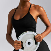 EnhanceLift™ Seamless Strappy Racer Vest with Built in Bra New Branding | Black