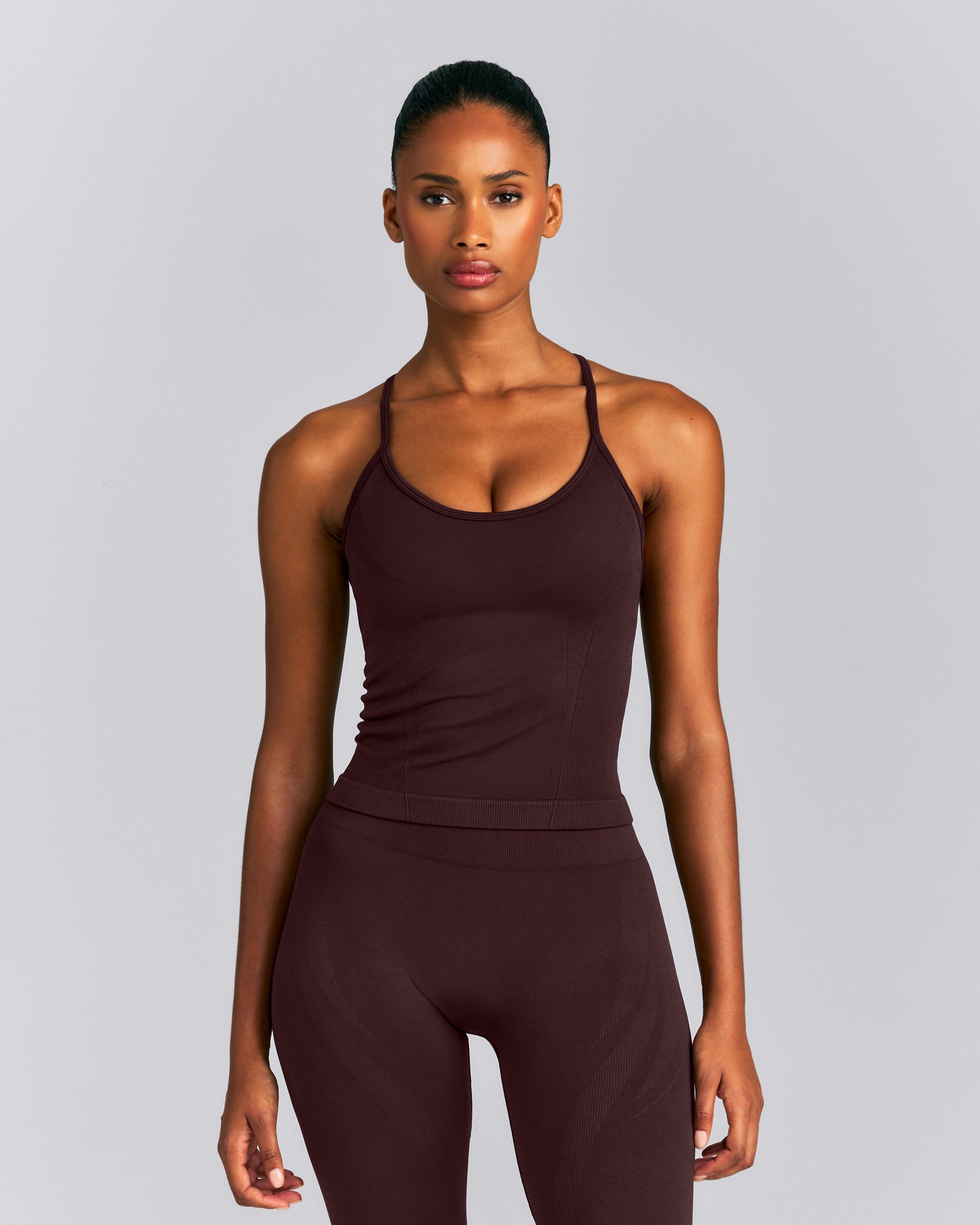 EnhanceLift™ Seamless Strappy Racer Vest with Built in Bra New Branding | Plum Brown