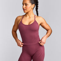 EnhanceLift™ Seamless Strappy Racer Vest with Built in Bra Shelf with Grey Logo | Burnt Maroon
