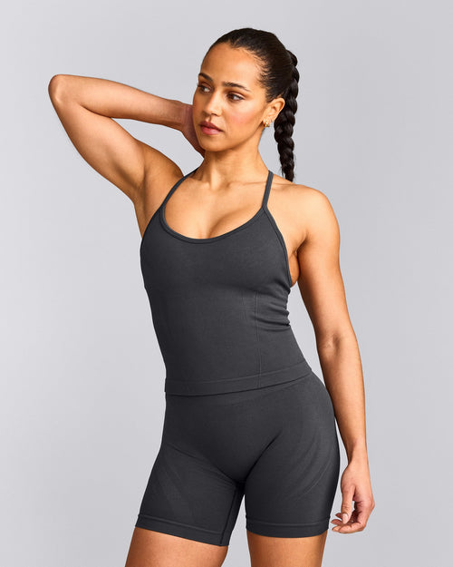 EnhanceLift™ Seamless Strappy Racer Vest with Built in Bra Shelf with Grey Logo | Coal