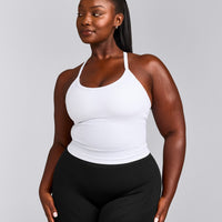 EnhanceLift™ Seamless Strappy Racer Vest with Built in Bra Shelf with Grey Logo | White