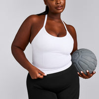 EnhanceLift™ Seamless Strappy Racer Vest with Built in Bra Shelf with Grey Logo | White