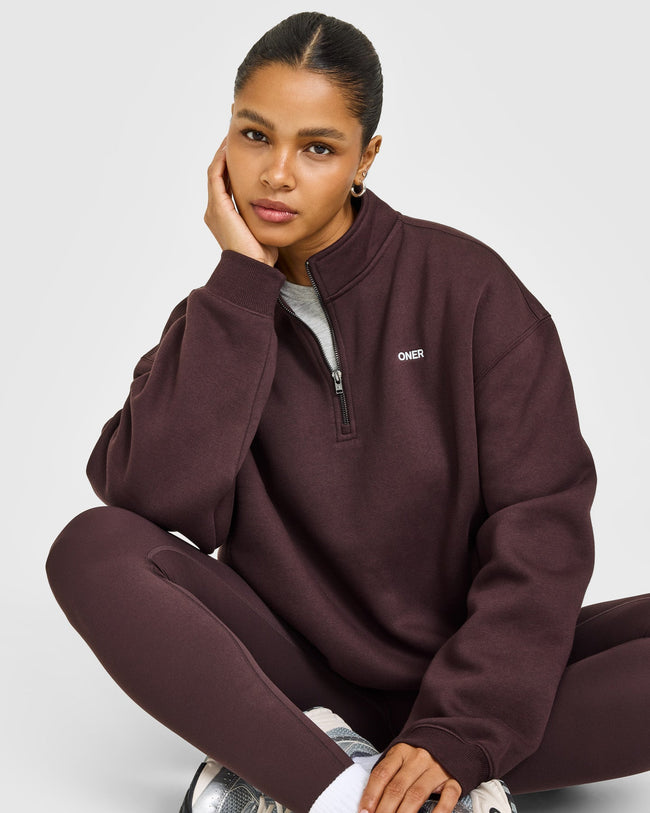 Foundations 1/4 Zip Sweatshirt with Grey Logo | Plum Brown