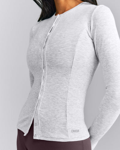 Mellow™ Rib Long Sleeve Cardigan with Embroidered Logo | Light Grey Marl