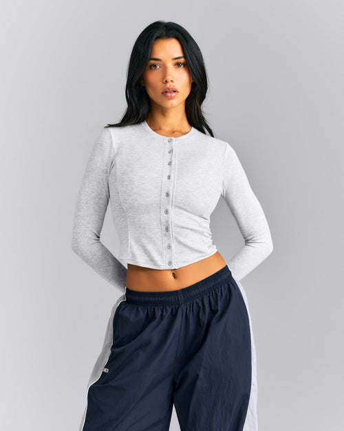 Mellow™ Rib Mid Long Sleeve Cardigan with Embroidered Logo | Light Grey Marl