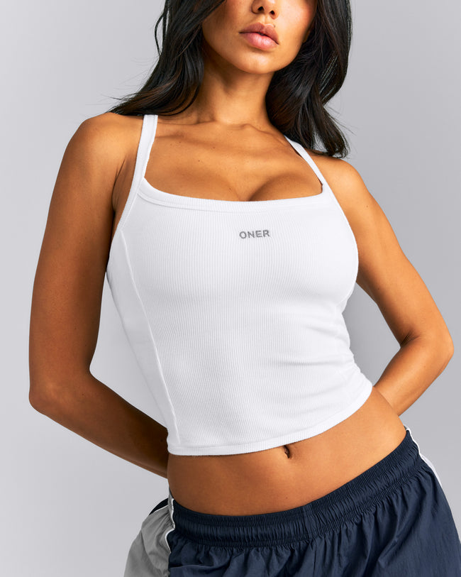 Mellow™ Rib Racer Back Mid Vest with Built in Bra Shelf | White
