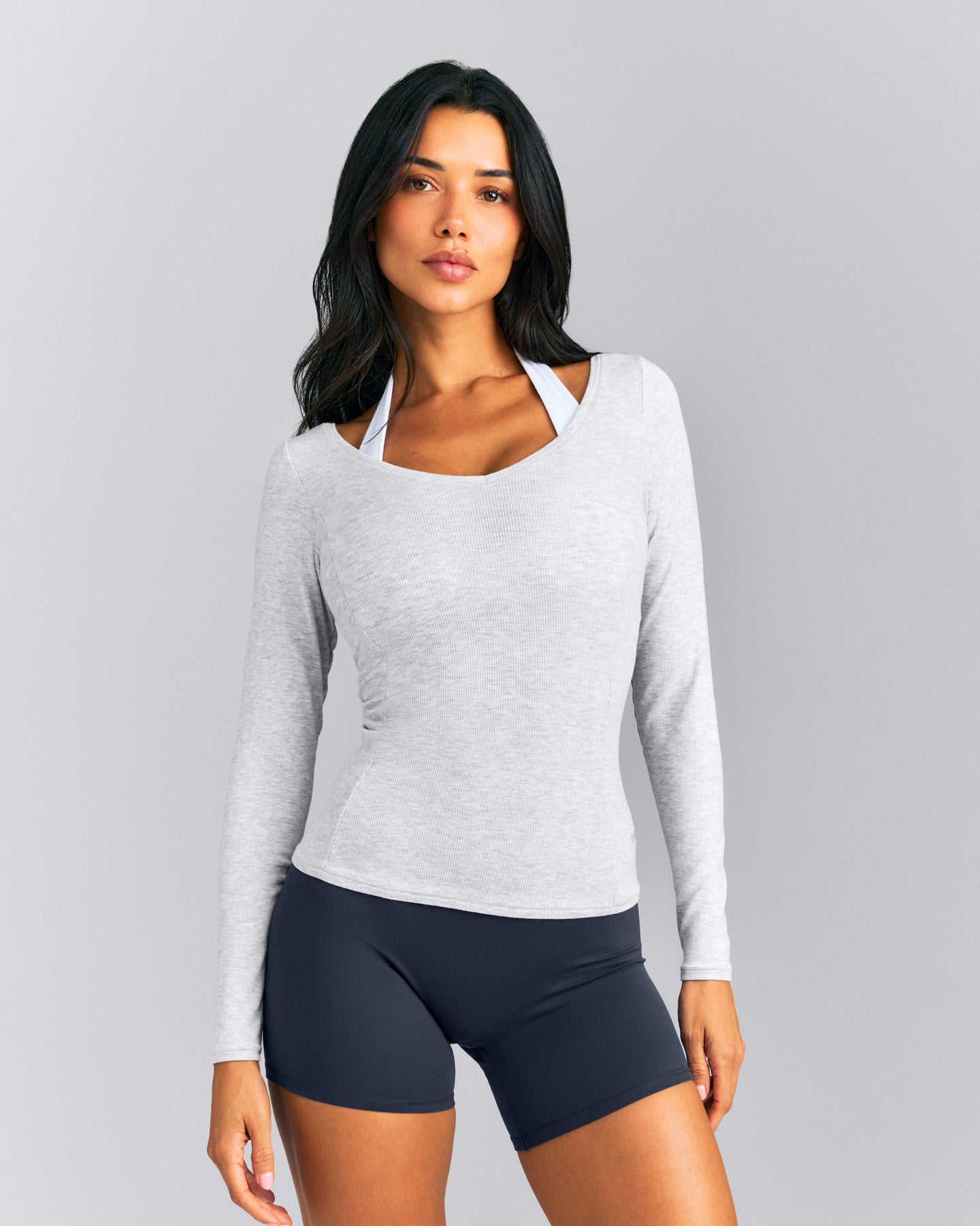 Mellow™ Rib V Neck Long Sleeve Top | Light Grey Marl