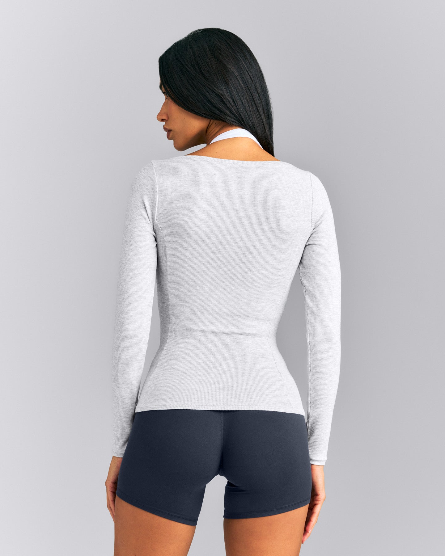 Mellow™ Rib V Neck Long Sleeve Top | Light Grey Marl
