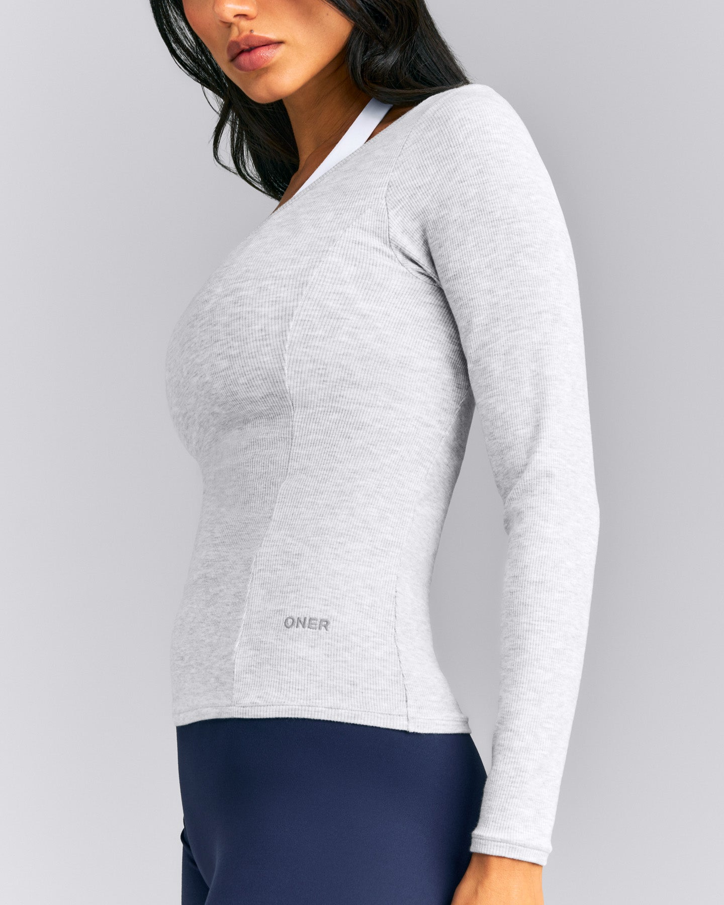 Mellow™ Rib V Neck Long Sleeve Top | Light Grey Marl
