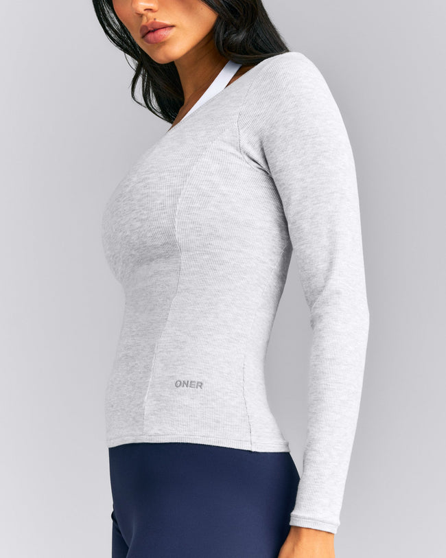 Mellow™ Rib V Neck Long Sleeve Top | Light Grey Marl