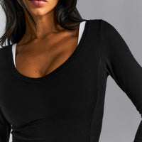 Mellow™ Rib V Neck Mid Long Sleeve Top | Black