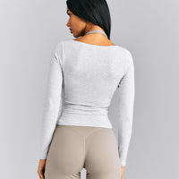 Mellow™ Rib V Neck Mid Long Sleeve Top | Light Grey Marl