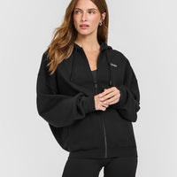 Mid Weight Relaxed Zip Through Hoodie | Soft Black