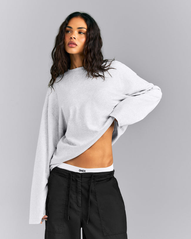 Oversized Cotton Long Sleeve Top | Light Grey Marl