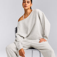 Cotton Vintage Lounge Off-The-Shoulder Sweatshirt | Light Grey Marl