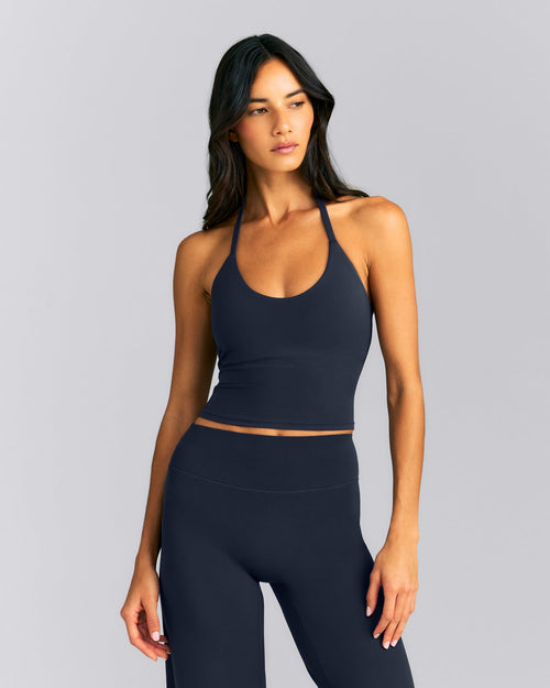 SoftMotion™ Strappy Halter Neck Mid Vest with Built in Bra Shelf New Branding | True Blue