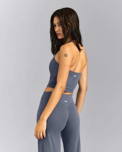 SoftMotion™ Strappy Halter Neck Mid Vest with Built in Bra Shelf | Granite Blue