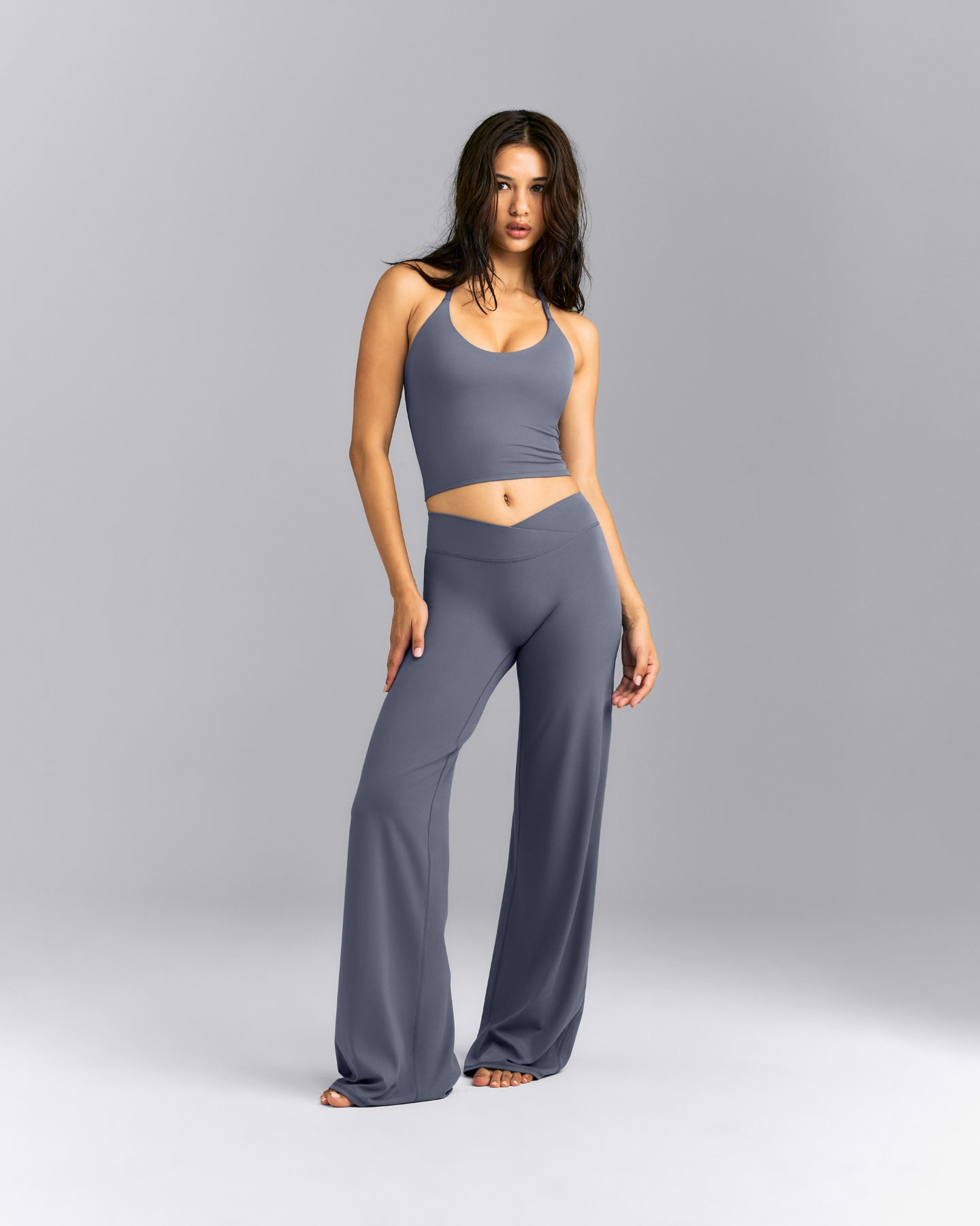 SoftMotion™ Strappy Halter Neck Mid Vest with Built in Bra Shelf | Granite Blue