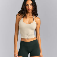 SoftMotion™ Strappy Halter Neck Mid Vest with Built in Bra Shelf | Oatmeal