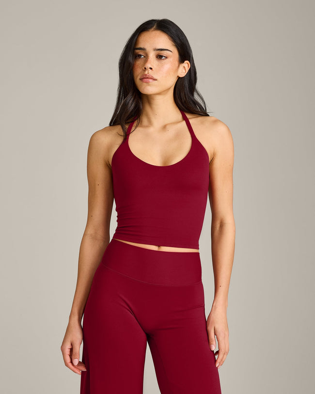 SoftMotion™ Strappy Halter Neck Mid Vest with Built in Shelf with Grey Logo | Ruby Red