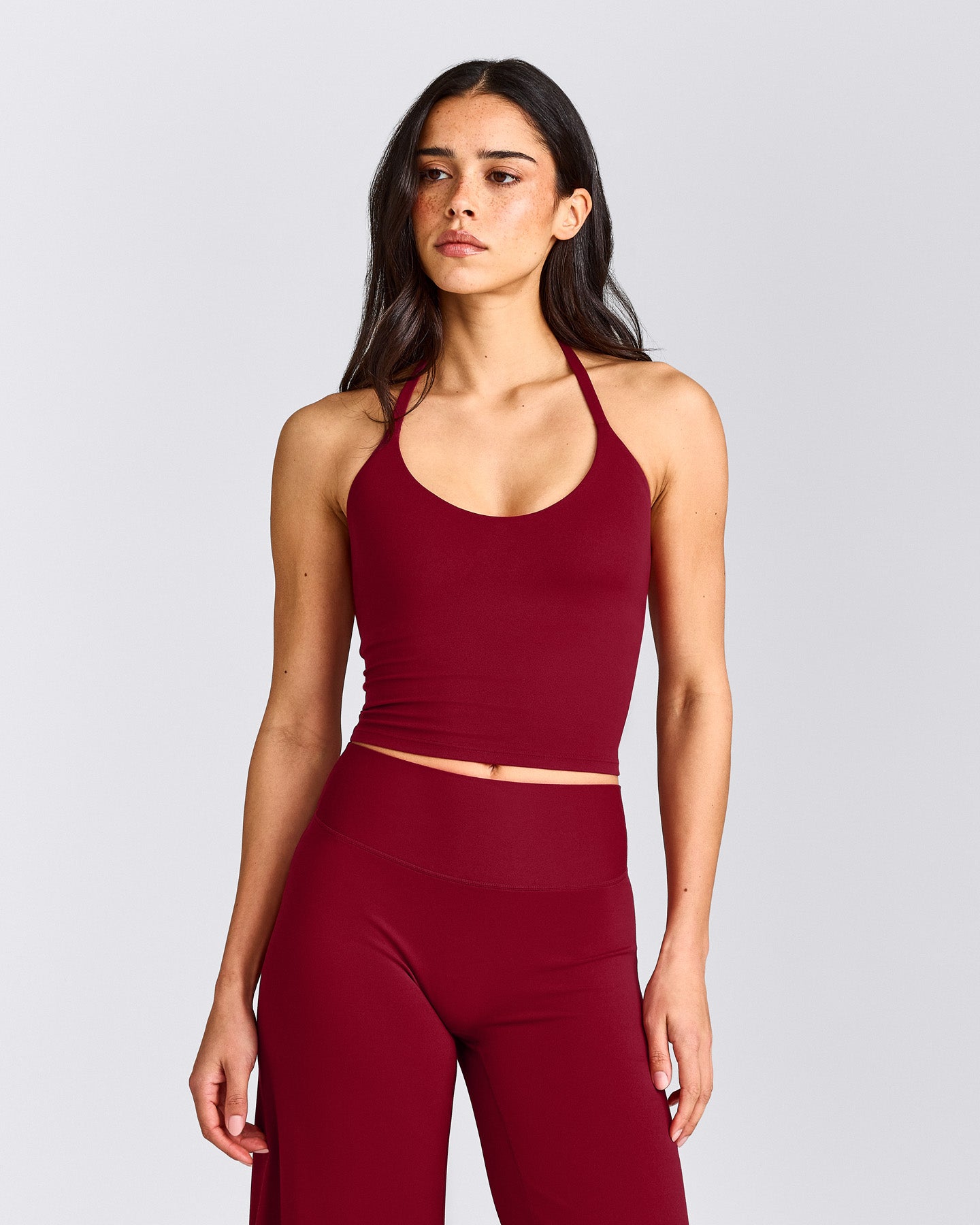 SoftMotion™ Strappy Halter Neck Mid Tank Top with Built in Bra Shelf with Grey Logo | Ruby Red