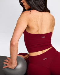 SoftMotion™ Strappy Halter Neck Mid Tank Top with Built in Bra Shelf with Grey Logo | Ruby Red