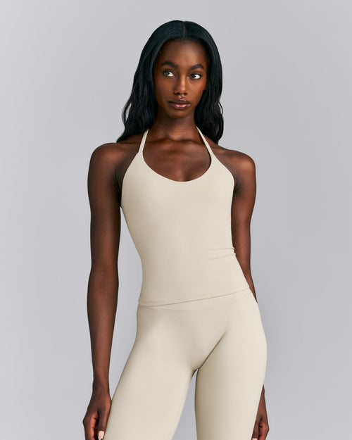 SoftMotion™ Strappy Halter Neck Vest with Built in Bra Shelf | Oatmeal