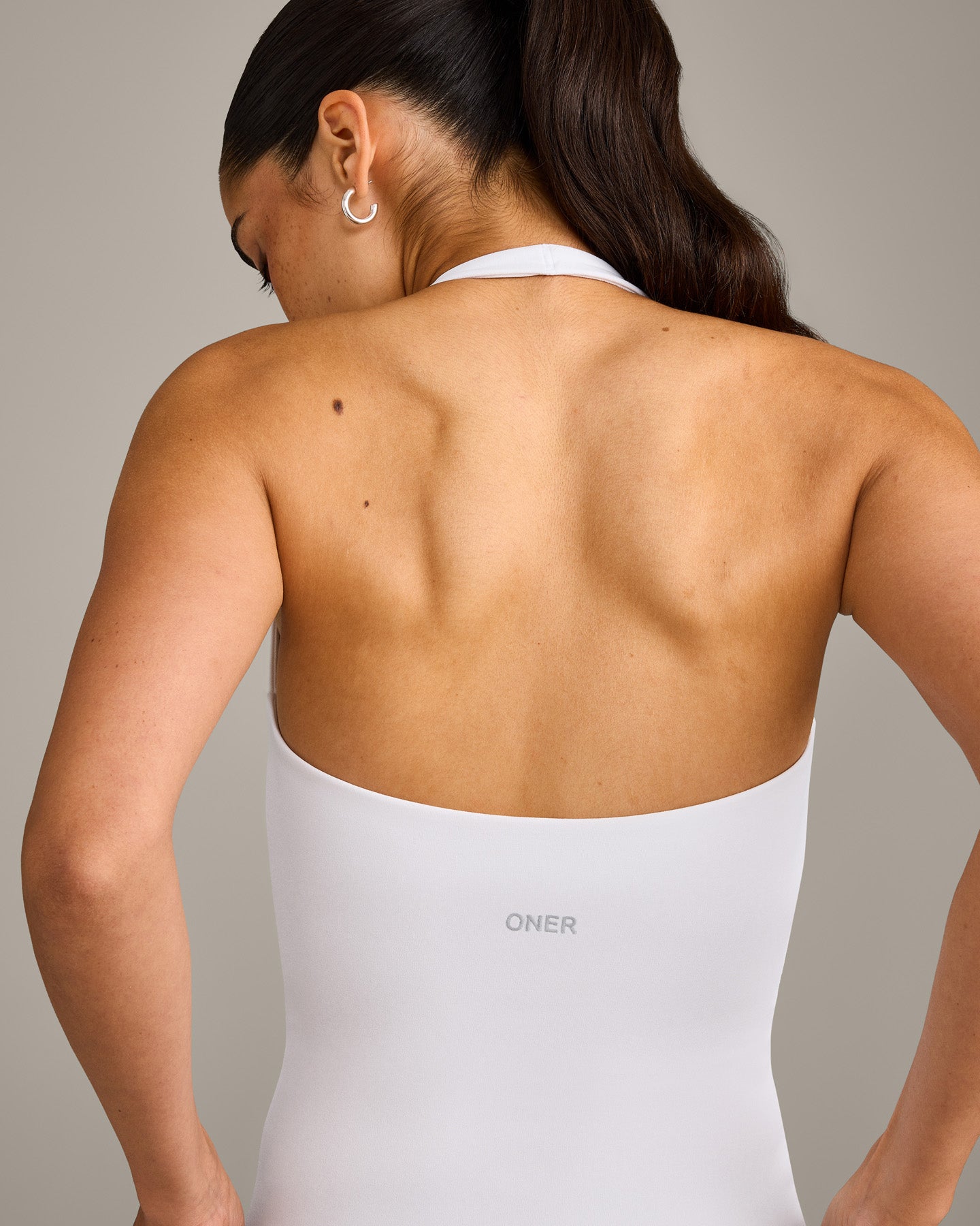 SoftMotion™ Halter Neck Vest with Built in Bra Shelf with Grey Logo | White