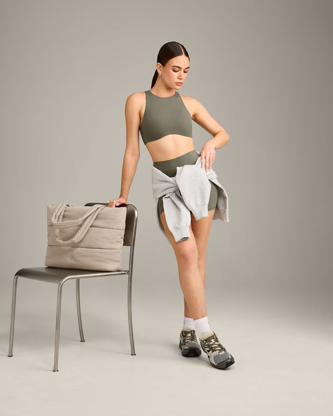SoftMotion™ High Neck Sports Bra with Grey Logo | Alpine Green