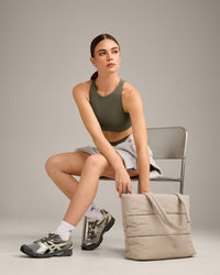 SoftMotion™ High Neck Sports Bra with Grey Logo | Alpine Green