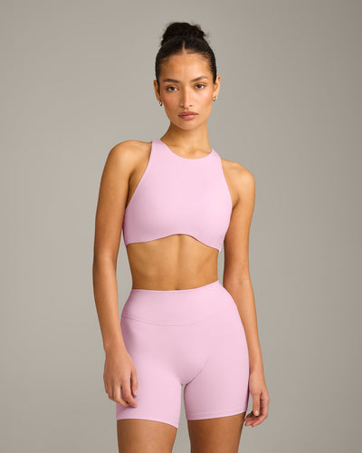 SoftMotion™ High Neck Sports Bra with Grey Logo | Chalk Pink