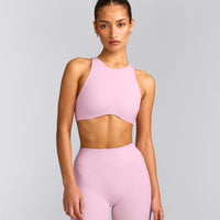 SoftMotion™ High Neck Sports Bra with Grey Logo | Chalk Pink