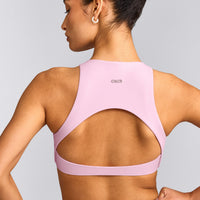 SoftMotion™ High Neck Sports Bra with Grey Logo | Chalk Pink
